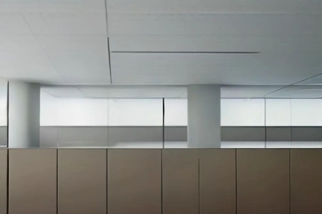Modern Wi-Fi access point mounted on an office ceiling above empty desks, clean daylight