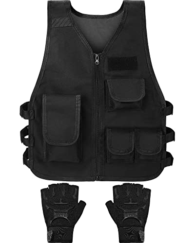 SATINIOR Outdoor Kids Vest with Half Finger Gloves - Black Army Green Breathable Adjustable Design