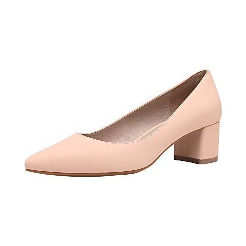 DREAM PAIRS Women's DPU212 Chunky Low Block Heels Closed Toe Dress Wedding Pumps - Nude Nubuck Pu, Size 9