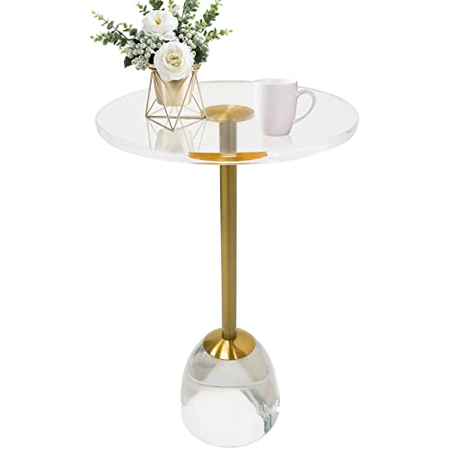 VDGPWA Acrylic Side Table,Modern Small Round Side Table with Gold Post,Acrylic End Table with Solid Base for Living Room, Bedroom,Clear Martini Table Easy Assembly,13.8''Lx 13.8''Wx 22''H