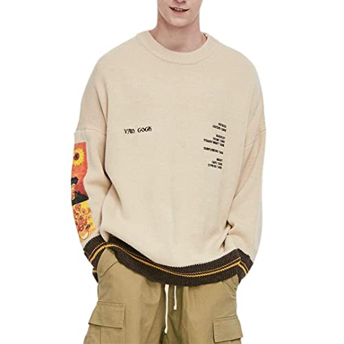 Aelfric Eden Mens Long Sleeve Van Gogh Printed Cable Knit Sweaters Casual Oversized Sweater Pullover Beige