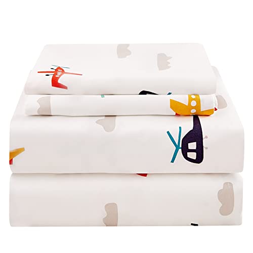 JSD Kids Airplane Printed Sheet Set - Full Size Soft Microfiber Bed Sheets for Boys