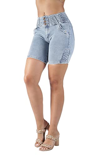  Fashion2Love Colombian Design Butt Lift Mid Waist Bermuda Shorts, Acid Wash Blue (Size 11)