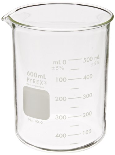Corning Pyrex 1000-600 Glass 600mL Graduated Low Form Griffin Beaker, 50mL Graduation Interval, with Double Scale