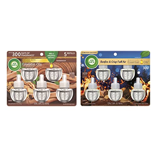Air Wick Sandalwood Plug in Scented Oil, Fall Scent - 5 Refills + Bonfire & Crisp Fall Air - 5 Refills - 2 Piece Set