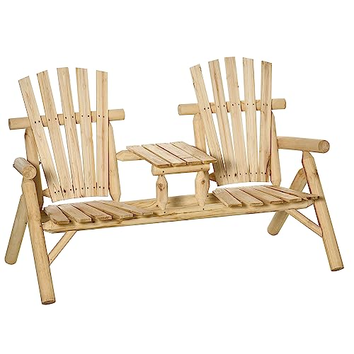 Outsunny Wooden Adirondack Chairs, Outdoor Double Seat Bench with Center Table for Patio, Backyard, Deck, Fire Pit, Natural