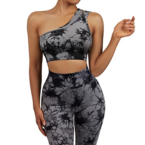 RUUHEE Workout Sets for Women Seamless 2 Piece Outfits Strap Sports Bra Matching Leggings (Small, Black Grey)