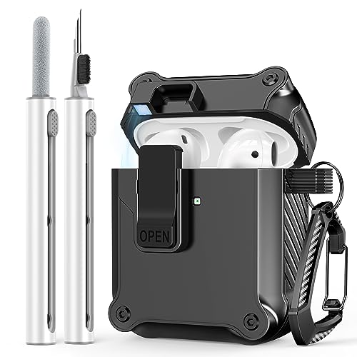 Airpods Case Cover with Cleaner kit, Automatic Snap Switch Design with Secure Lock Clip Protection for Apple Airpods 2nd/1st Generation Charging Case
