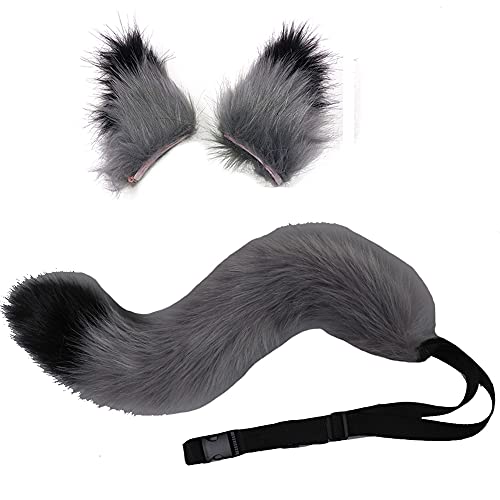 BSTANG Fox Wolf Cosplay Animal Ears Tail Set Wolf Ears Tail Costume Anime Cosplay (Grey Black)