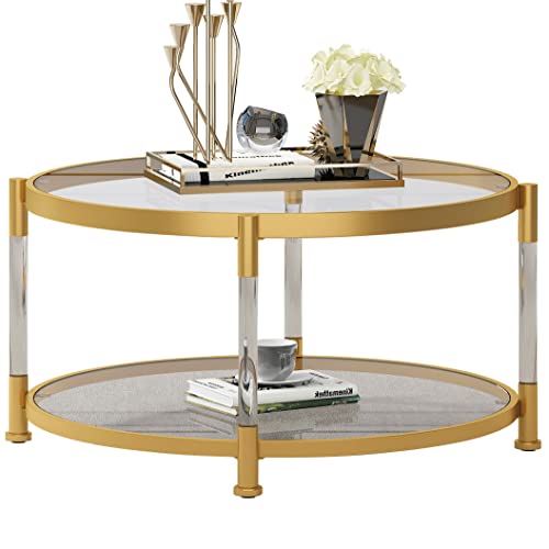 OIOG 2 Tier Coffee Table with Acrylic Legs, Glass Top, Modern Design