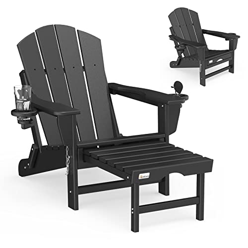 Mdeam Folding Adirondack Chair Lawn Outdoor Fire Pit Chair Adirondack Chair Weather Resistant with 2 Cup Holder/Adirondack Retractable Ottoman（Black）