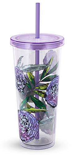 Vera Bradley Travel Tumbler with Lid and Straw - Lavender Meadow, 24 Ounce