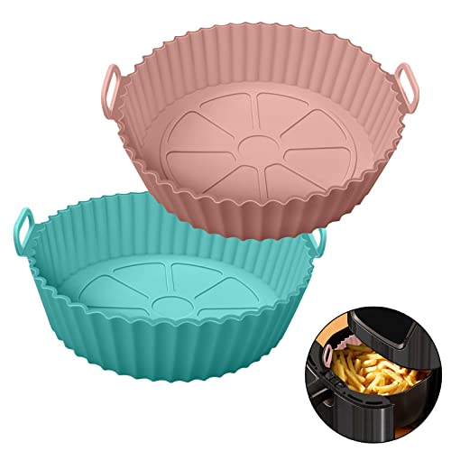  XIILSIE Air Fryer Silicone Pot - 2Pcs Round, Pink+Blue, Replacement for 3QT - 5QT Air Fryers