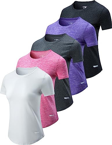5 Pack: Womens Dry Fit Workout Shirts, Short Sleeve Athletic Gym Tshirts, Ladies Active Long Tees Bulk (Set 3, Medium)