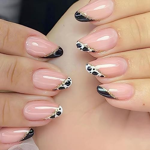 MUZOXEN French Tip Press On Nails - Almond Fake Nails with Glossy Cow Print Designs
