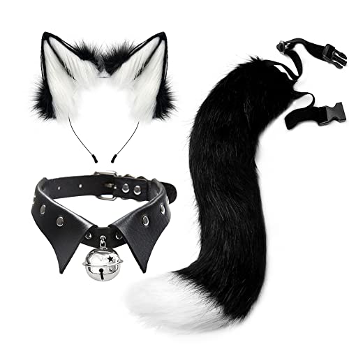 JUNBOON Faux Fur Cat Ears and Wolf Fox Tail Set Adult Kids Punk Collars Kit for Halloween Anime Cosplay Party
