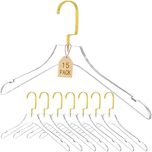 Besser Acrylic Clear Hangers 15 Pack Gold Acrylic Hangers Premium Quality Crystal Clear Hangers with Gold Hooks
