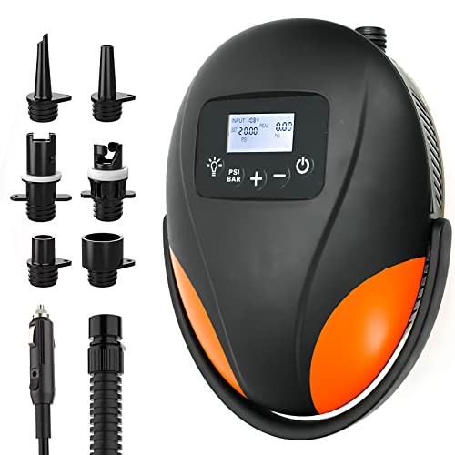 20PSI High Pressure SUP Air Pump - Auto Cooling Digital Electric Air Pump, Dual Stage Inflation & Auto-Off, Deflation Function, 12V DC Car Connector for Water Sport Inflatable Stand Up Paddle Boards