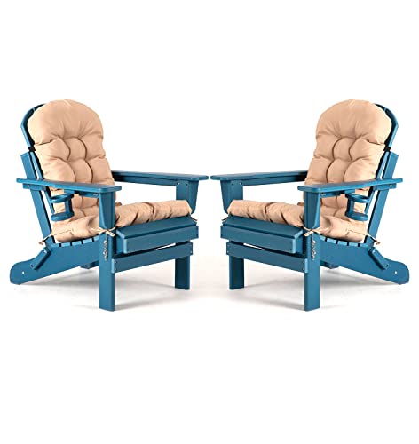 nalone Folding Adirondack Chairs Set of 2 with Cushion with Cup Holder, HDPE Plastic Oversized Patio Chair Weather Resistant