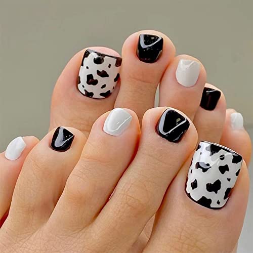 DOCVOEOMH Press On Toenails - Short Fake Toenails with Cow Print Design in Black and White
