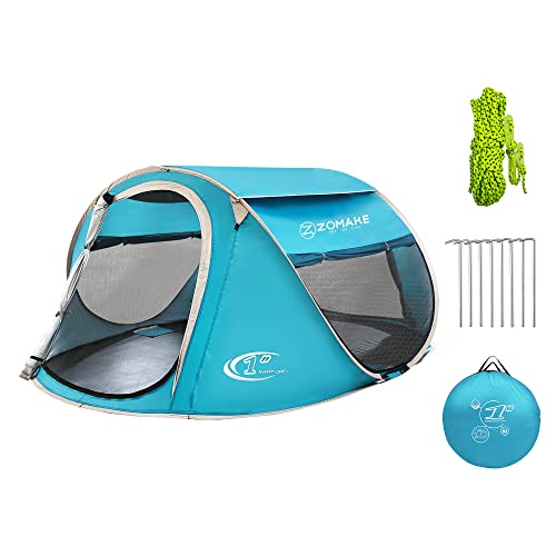Easy Pop Up Tent 4 Person Waterproof - Automatic Flip Pop Tent for Camping, by ZOMAKE - Lake Blue