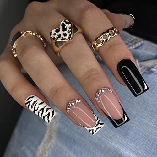 BABALAL Coffin Press On Nails - Medium Black White French Glue On Nails with Cow Print Design