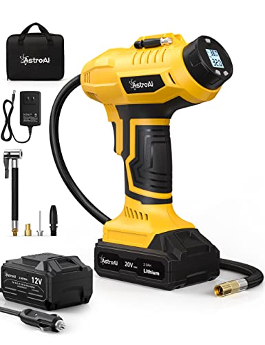 AstroAI Cordless Tire Inflator Air Compressor 20V Rechargeable Battery Powered 160PSI Portable Handheld Air Pump with 12V Car Power Adapter Digital Pressure Gauge for Cars Motorcycles JY16P160-18（C2）