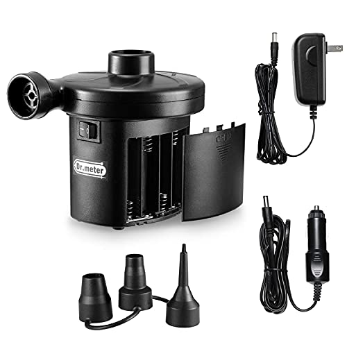 Electric Air Pump for Mattress: 3 Ways Powered Portable Air Pump with 3-Nozzle - Dr.meter AC 110V, DC 12V, Battery Operated Quick-Fill Inflator Deflator for Inflatable Pool Raft Bed Boat Swimming Ring