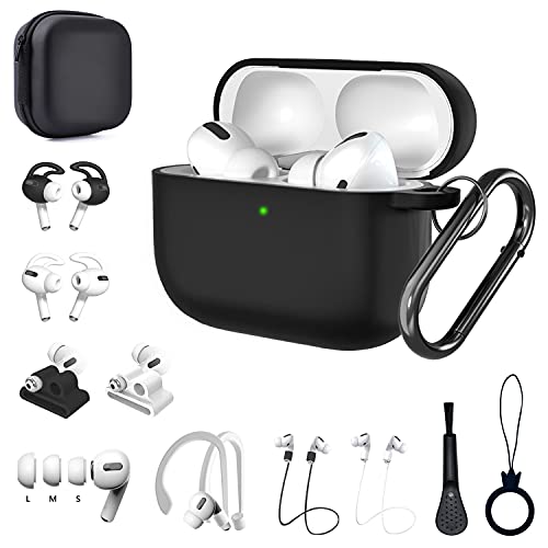Polislime Airpods Pro Case, 15 in 1 Airpod pro Accessories Set Kit, Silicone Anti-Lost Straps/Watch Band Holder/Ear Hooks/Storage Box/Ear Tips/Keychainfor Apple Airpods Pro Charging Case Skin(Black)