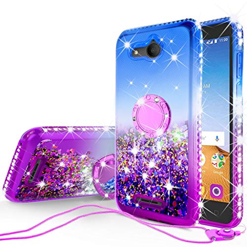 SOGA Quicksand Cover for Alcatel Tetra - Rhinestone Liquid with Metal Ring Stand (Purple/Blue)