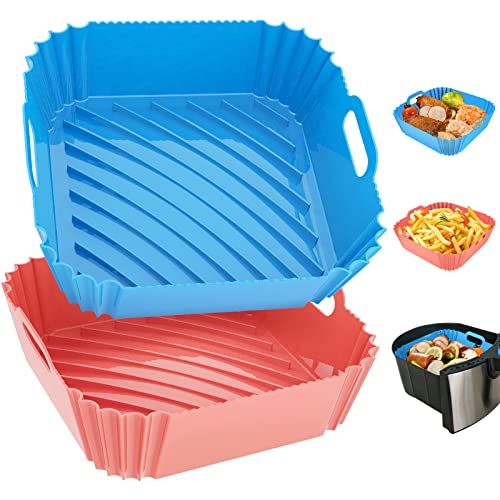 Air Fryer Silicone Liners Square 2 Pack 8.6 Inch Airfryer Liners 4-7 QT Reusable Air Fryer Liners Silicone Pot Oven Liner Backing Tray, Air Fryer Basket Silicone Mat Bowl Air Fryer Accessories Kitchen