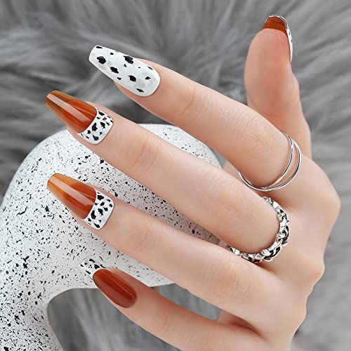 Jofay Fashion Coffin Press On Nails - Medium Caramel Cow False Nails with Glue