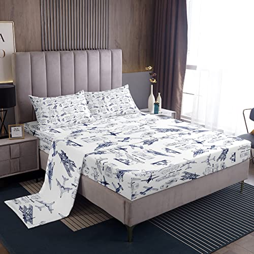 Aircraft Bed Sheets Set Kids Airplane Print Sheet Set Boys Girls Decor Aircraft Flying Sheets with Deep Pocket Fitted Sheet Microfiber Sketch Style Blue White Bedding Set Bedroom Full Size