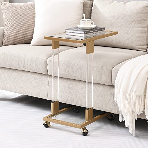 Yoluckea Mobile Sofa Side Table with Tempered Glass Shelves, Clear Acrylic Frame