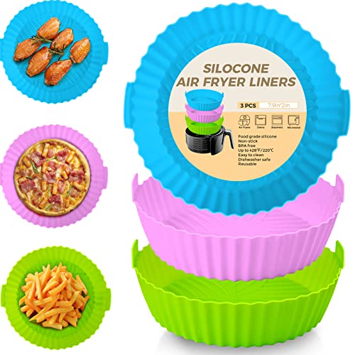  Buauty Air Fryer Silicone Liners - 3Pcs, 8inch Pot, Food Grade Silicone, Reusable Baking Tray, Fit 3-7QT Airfryer