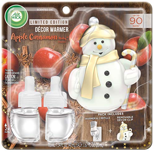 Air Wick Plug in Scented Oil Starter Kit with Snowman Free Decorative Warmer + 2 Refills, Apple Cinnamon, Fall Scent, Fall Spray (2x0.67oz), Essential Oils, Air Freshener