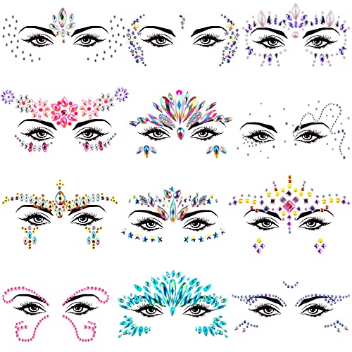  SIQUK Mermaid Face Jewels Adhesive Rhinestone Stickers - 12 Sets, Crystal Tears Gems Stones