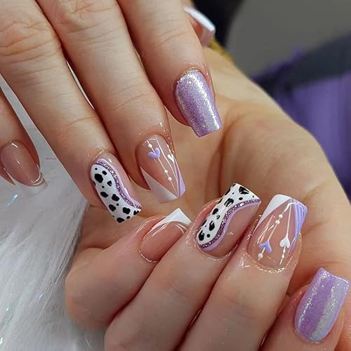 MERVF Square Press On Nails - Medium Fake Nails with Cow Print Design in Purple and White