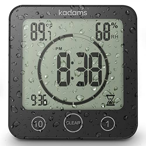 KADAMS Digital Bathroom Shower Kitchen Wall Clock Timer with Alarm, Waterproof for Water Spray, Touch Screen Timer, Temperature Humidity, Suction Cup Hanging Hole Stand - Black