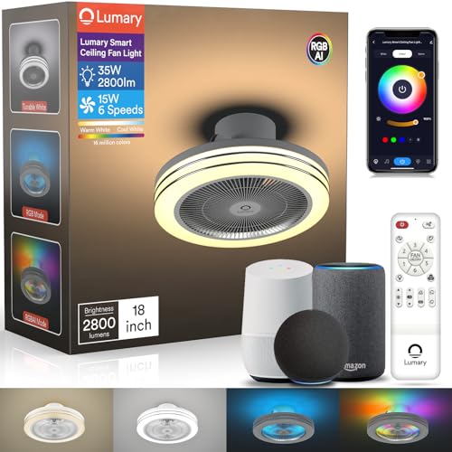 Lumary Smart WiFi & Bluetooth Ceiling Fan with RGBAI Light 18 Inch 6 Speeds, Work with Alexa/Google Assistant/Remote Control