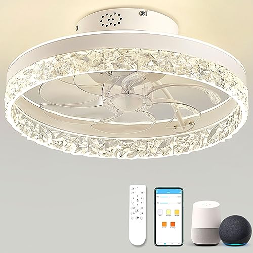 EMIKIRII Low Profile White Ceiling Fans with Lights,Smart Ceiling Fan with Alexa/Google Assistant/App/Remotes- 6Speed Fandelier,Ceiling Light with LED Fan for Bedroom/Living Room