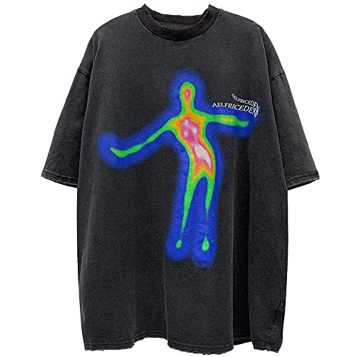 Aelfric Eden Mens Oversized T Shirts Tees Distorted Portrait Print Crew Neck Cotton Tops Streetwear Casual Shirt - Black