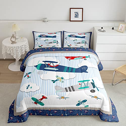 Castle Fairy Kids Airplane Comforter Set - Blue Sky and White Clouds Bedding Set - Full Size
