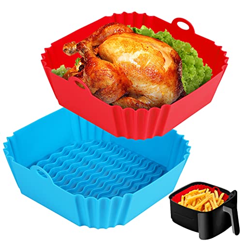  Boribim Square Silicone Air Fryer Liners - 2 PCS, 8 Inch Reusable Pot, Red + Blue, Oven Microwave Accessories