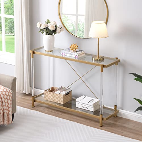 Gold Console Table, Acrylic Glass Side Table, Modern Open Hallway Table with 2 Tempered Glass Shelves, Couch Side Table with Metal Frame, Minimalist Style
