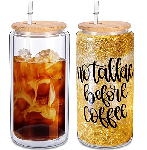 2Pack Sublimation Beer Can Glass with Bamboo Lids and Straw, 16OZ Snow Globe Blank Glass Tumbler Double Wall Iced Coffee Cups Mugs