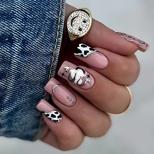 ZTZTST Square Press On Nails - Snake False Nails with Cow Print Star Design