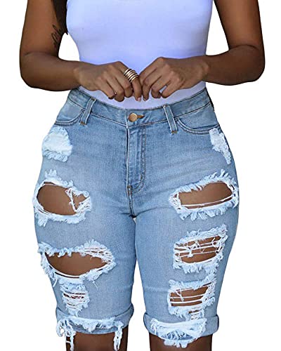  Roswear Women's Ripped Denim Bermuda Shorts, Washed Blue (Size XL)