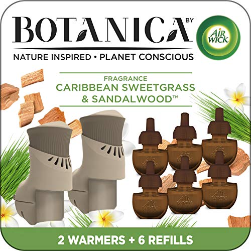 Botanica by Air Wick Caribbean Sweetgrass and Sandalwood Starter Kit, 2 Warmers + 6 Refills
