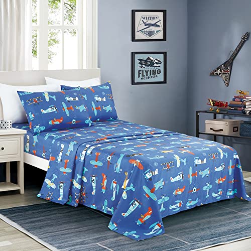 WPM WORLD PRODUCTS MART Airplane Bedding 4 Piece Sheet Set - Full Size Airplanes Theme